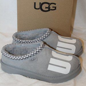 NIB UGG MEN'S TASMAN LOGO SUEDE SHEARLING SLIP‎ ON SLIPPERS GRAY